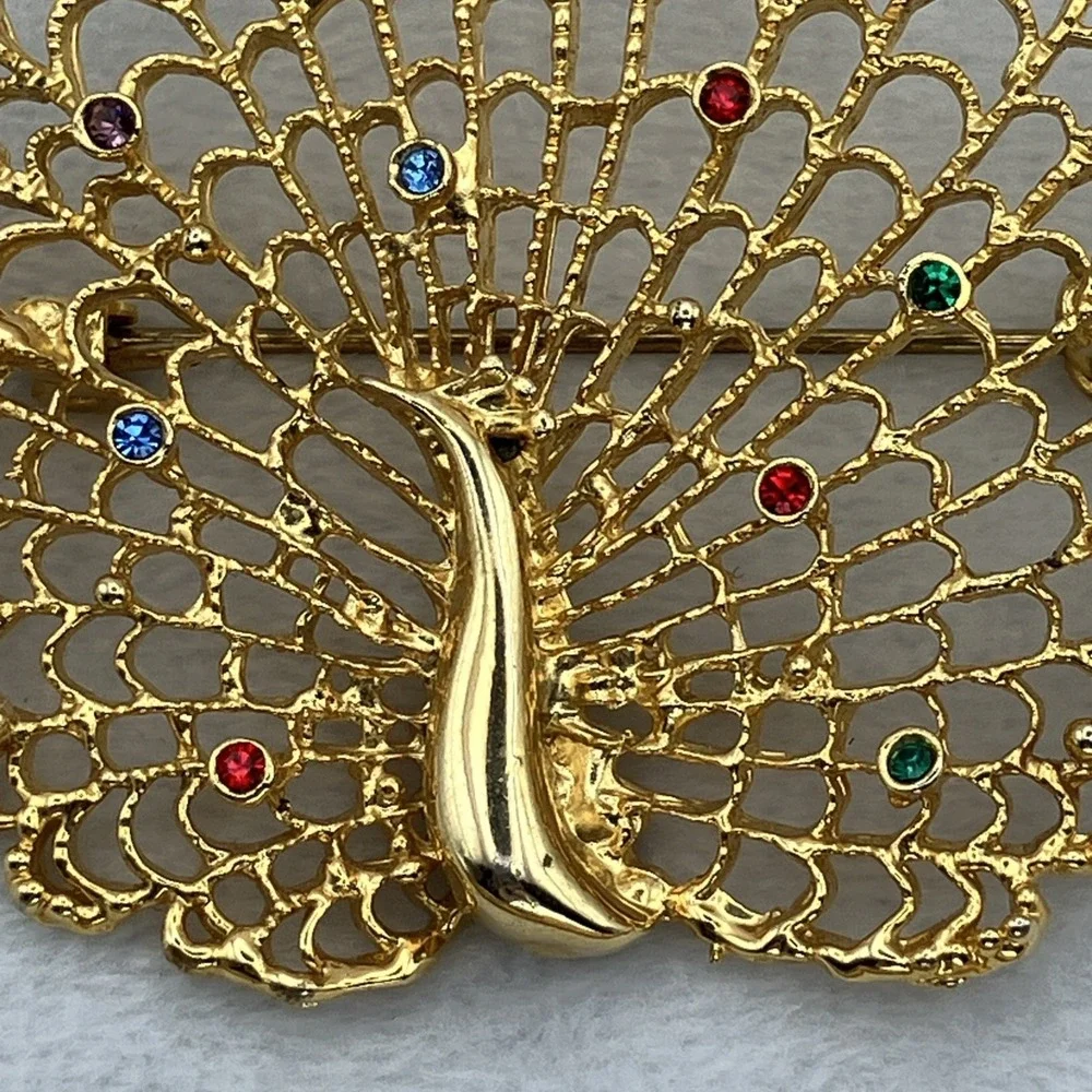Large Gold Tone Colorful Crystal Peacock Brooch Statement Maximalist Coat Pin